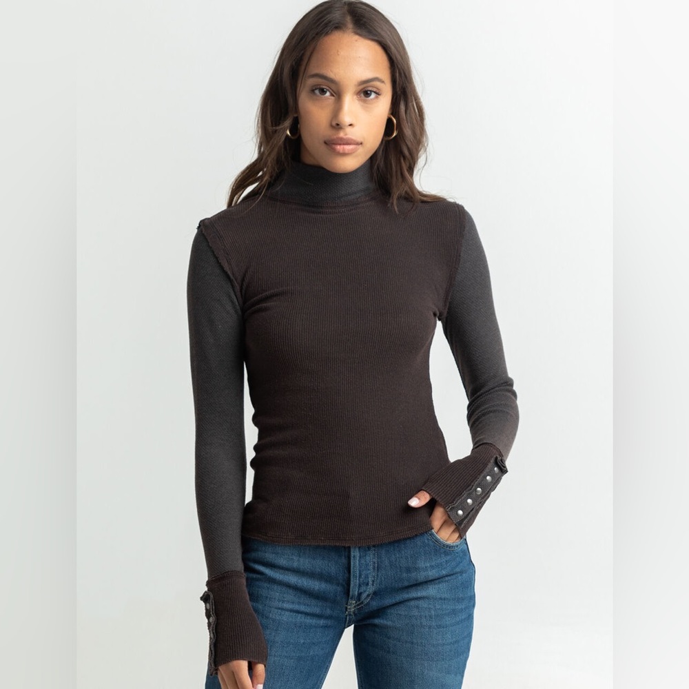 Free People Black Thermal Knit Mock Neck Top M